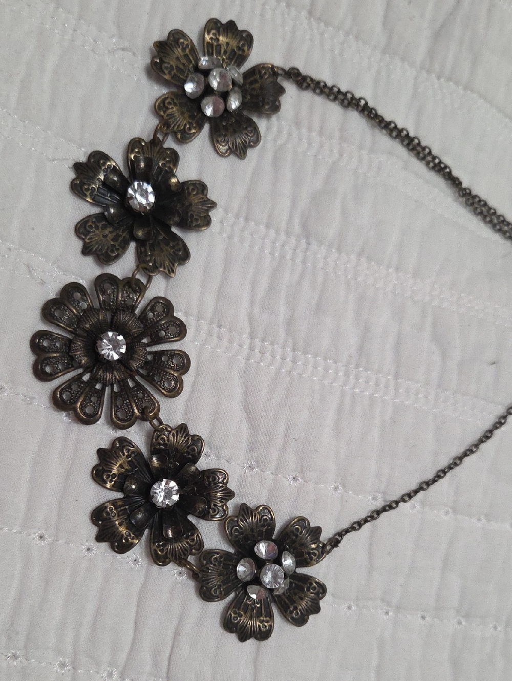 Antique Brass Flower Statement Necklace with Clear Crystals